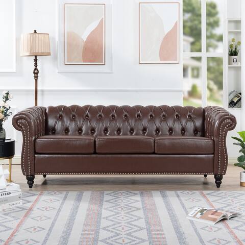PU Leather Seat Cushions Three Seater Sofa, Traditional Rolled Arm Chesterfield Sofa