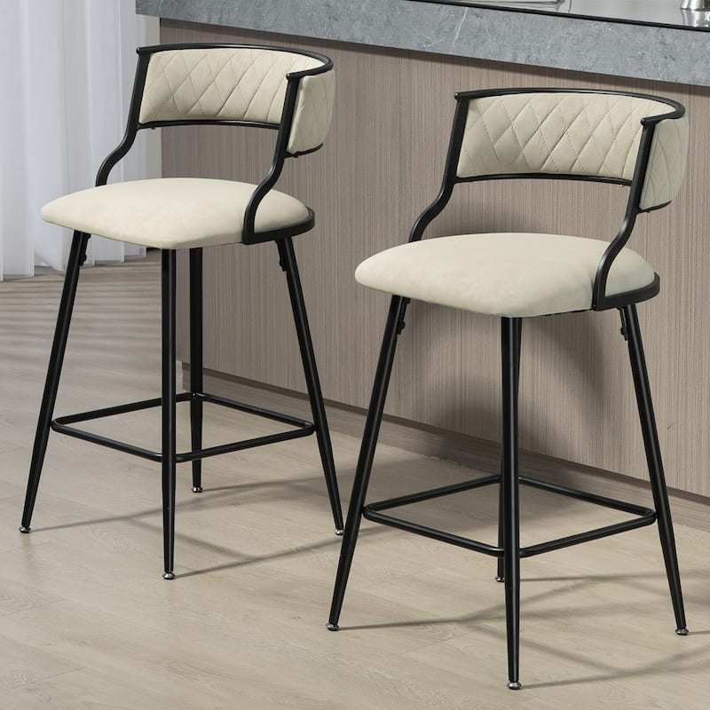 Counter Height Bar Stools Set of 2, Kitchen Island Counter Bar Stool with Curved Back & Metal Legs, Modern Upholstered Bar Chair