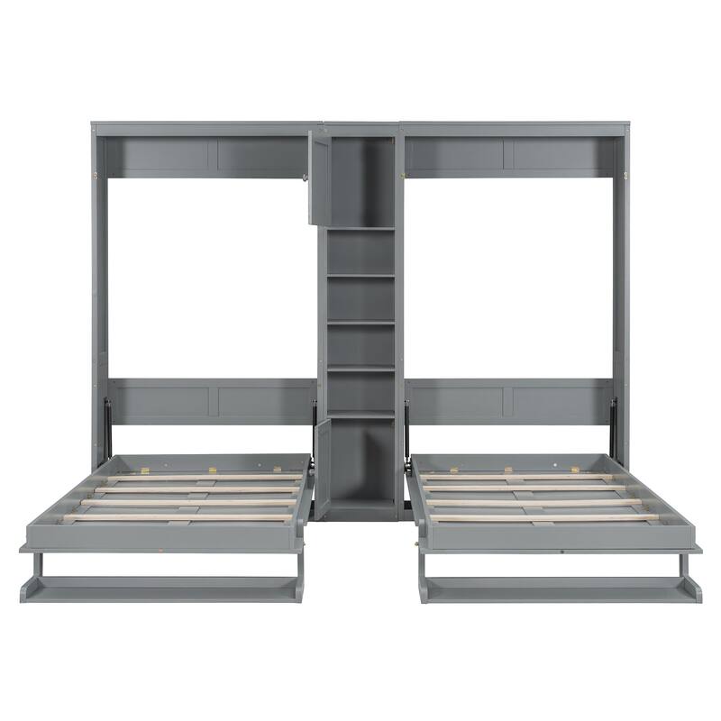 Dual Twin Size Murphy Beds, Twin and Twin Foldable Wall Platform Bed with Cabinets and Shelves, Hidden Double Murphy Bed Chest