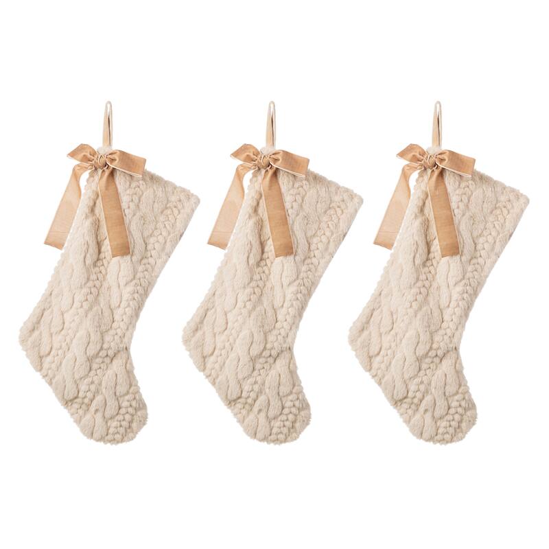 Glitzhome 21"L Plush Faux Fur Christmas Stocking with Bow & Tree Skirt - 3PK Beige Faux Marten Fur