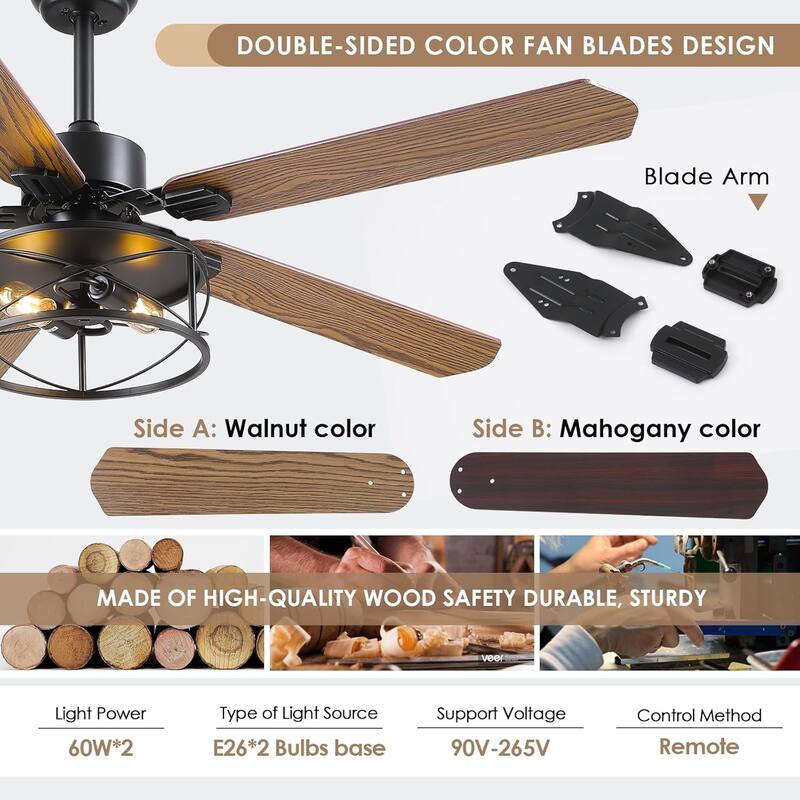 52 Inch Indoor and Outdoor Farmhouse Ceiling Fan with Light DC motor Wooden Blades Waterproof