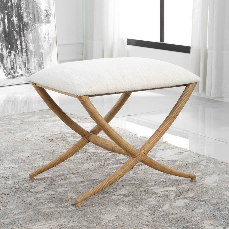 Coastal Small Bench with Rattan Wrapped Base - 23.5" - White and Brown