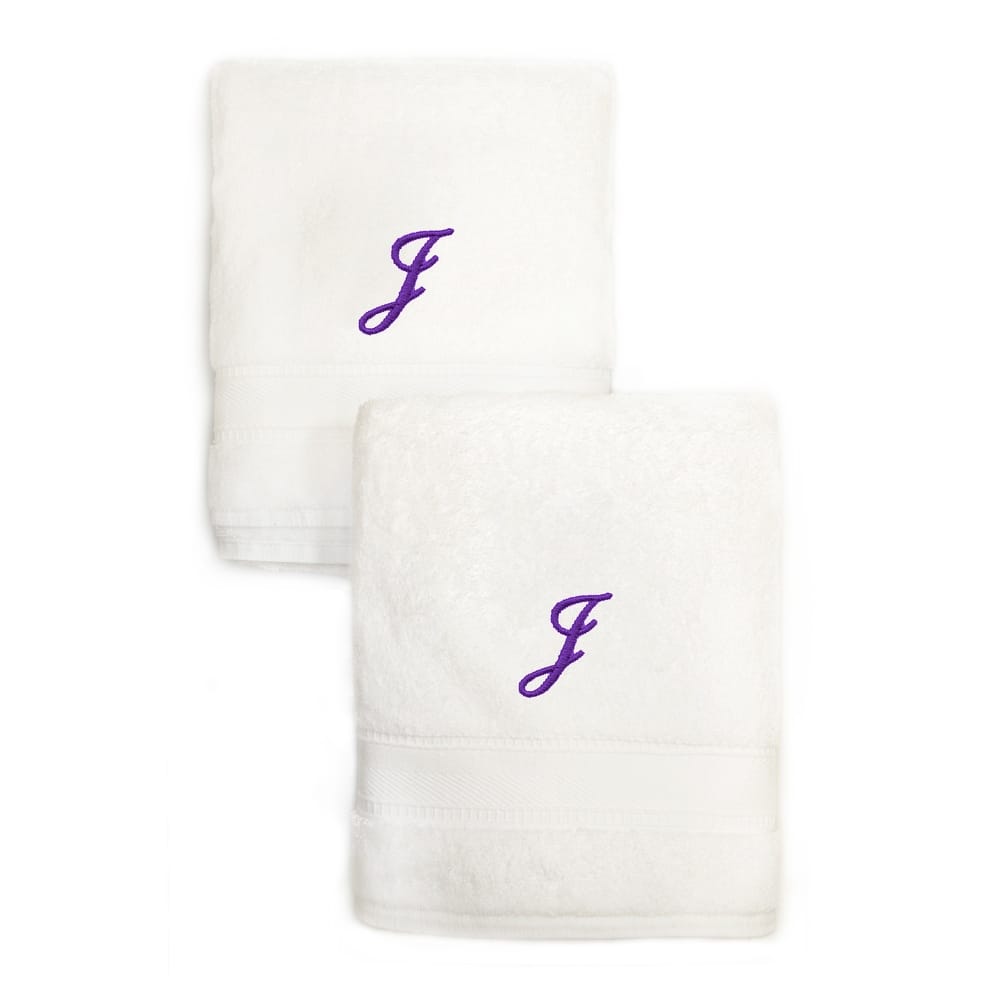 Sweet Kids 2-piece White Turkish Cotton Hand Towels Personalized with Lavender Purple Monogrammed Initial