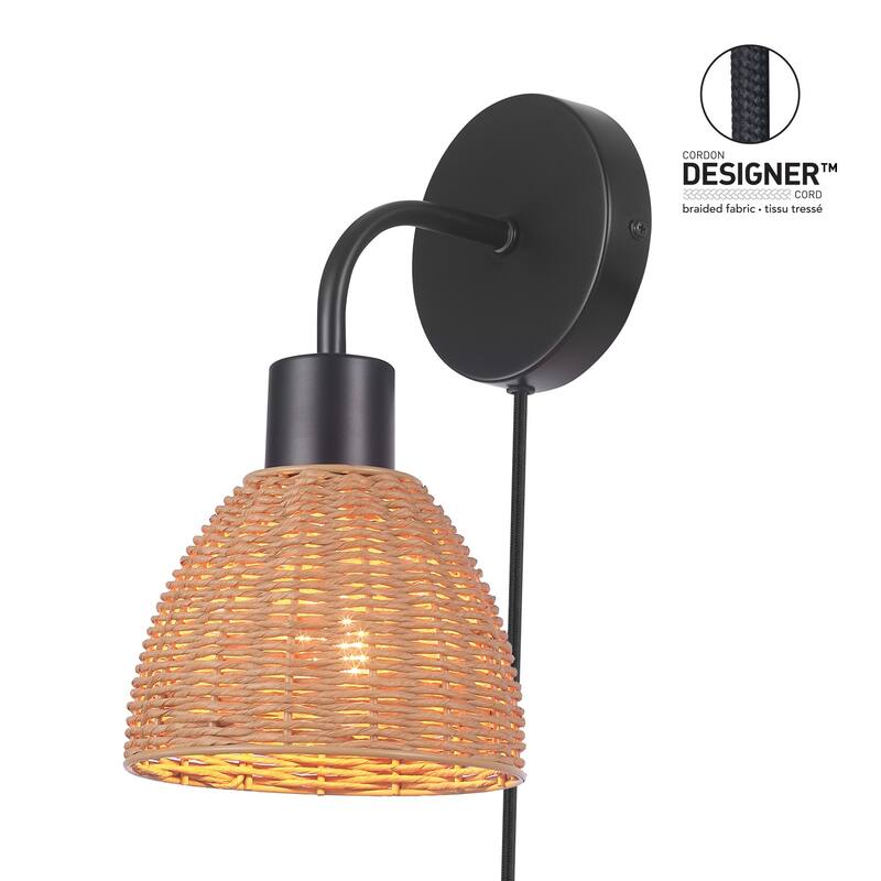 Briar 1-Light Matte Black Plug-In or Hardwire Wall Sconce with Rattan Shade - one size