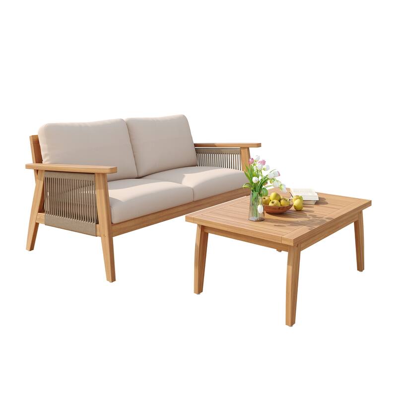 Christopher Knight Home - Modern Outdoor 2-Piece Acacia Wood Rope Patio Conversation Set with Water-Resistant Cushion