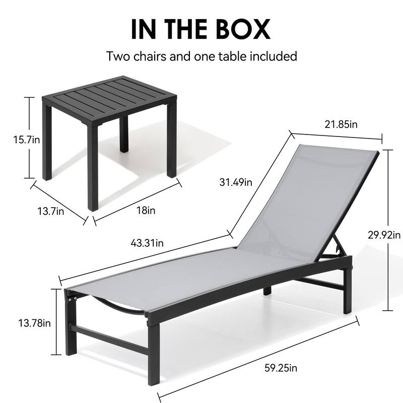 3-Piece Outdoor Loungers Patio Chaise Lounge Chairs Set with Side Table