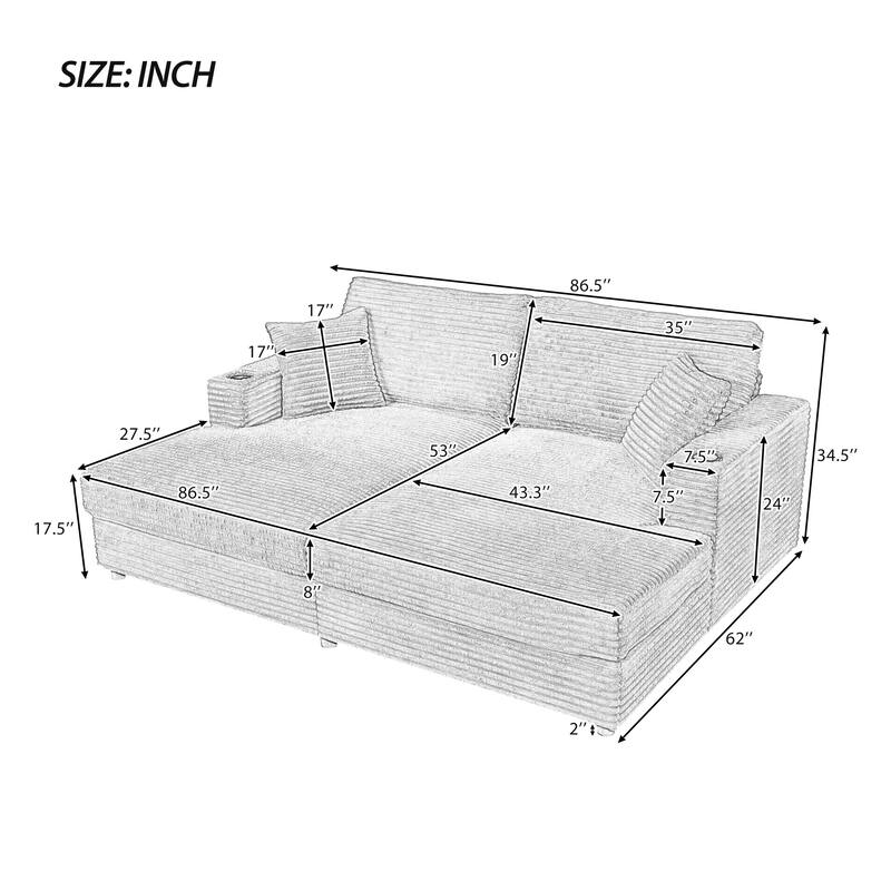 86.5" Corduroy Chaise Lounge Sofa with 2 USB Ports, Cup Holders, and 550lb Capacity