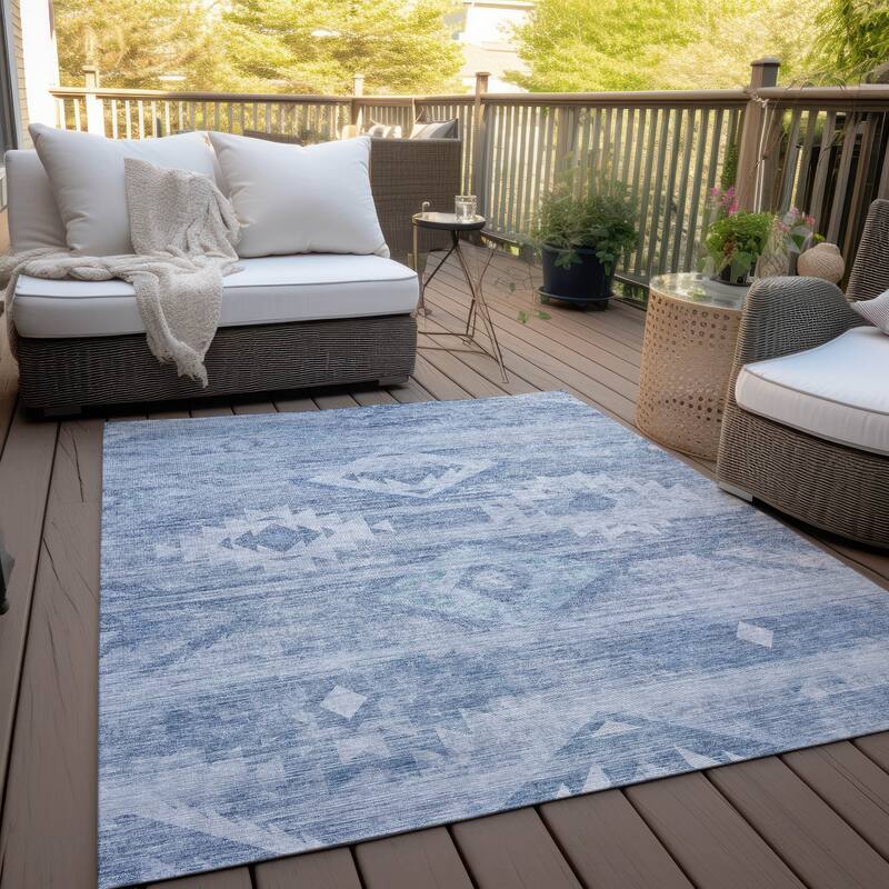 Machine Washable Indoor/ Outdoor Chantille Boho Tribal Rug - Blue - 5' x 7'6"