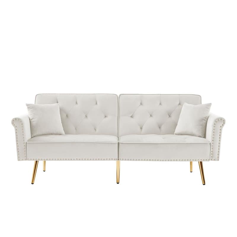 Velvet Tufted Sofa Couch with 2 Pillows and Nailhead Trim