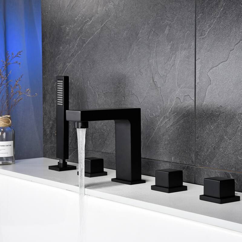 5 Hole Deck Mounted five-piece Bathtub Faucet with Pull-out Handheld Shower Head and Ceramic Valve in Matte Black