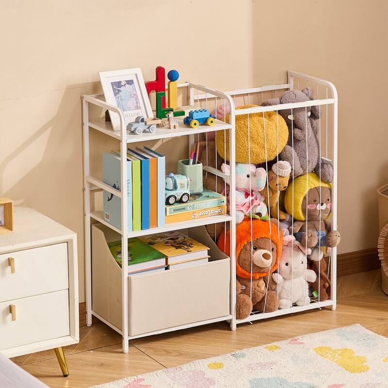White Kids Toy Organizer with 4 Compartments and Metal Basket Top Shelf and Anti-Tip Design - 33.31 x 11.81 x 32.28 in