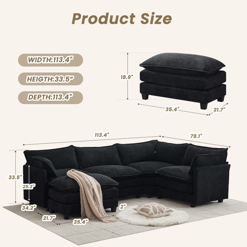 4-Seat Modular L-Shaped Corner Sectional Sofa with Ottoman, Soft Chenille Upholstery and Deep Seating for Living Room