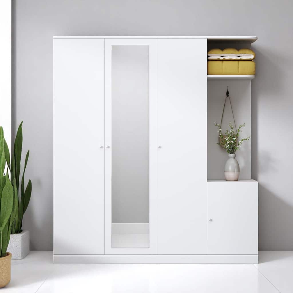 Modern Particle Board Wardrobe with Mirror, 2 Hanging Rails, 1 Drawer, Shelves and Safety Lock, 65.9" Tall