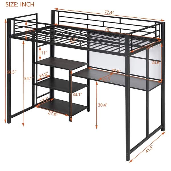 dimension image slide 0 of 2, Twin Metal Loft Bed with Desk & Whiteboard, 3 Shelves & Ladder