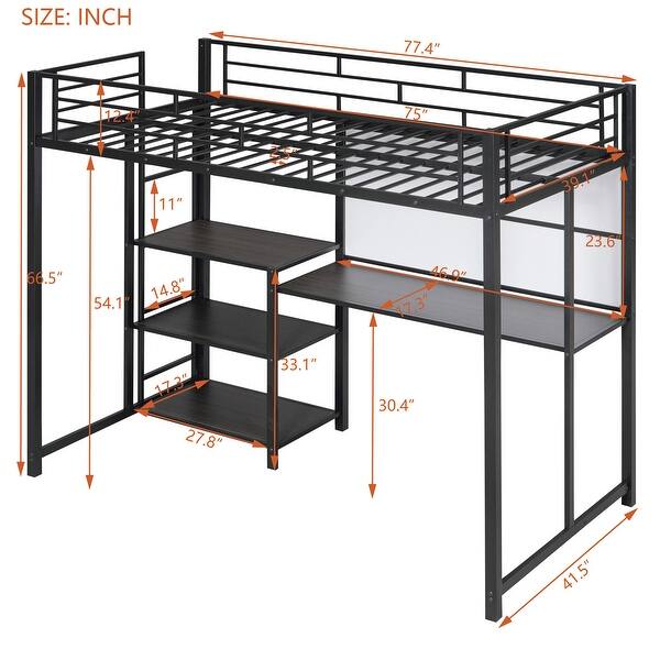 dimension image slide 3 of 4, Twin Size Metal Loft Bed with Desk, Shelves, and Ladder - Sturdy Steel Frame for Kids' Exploration
