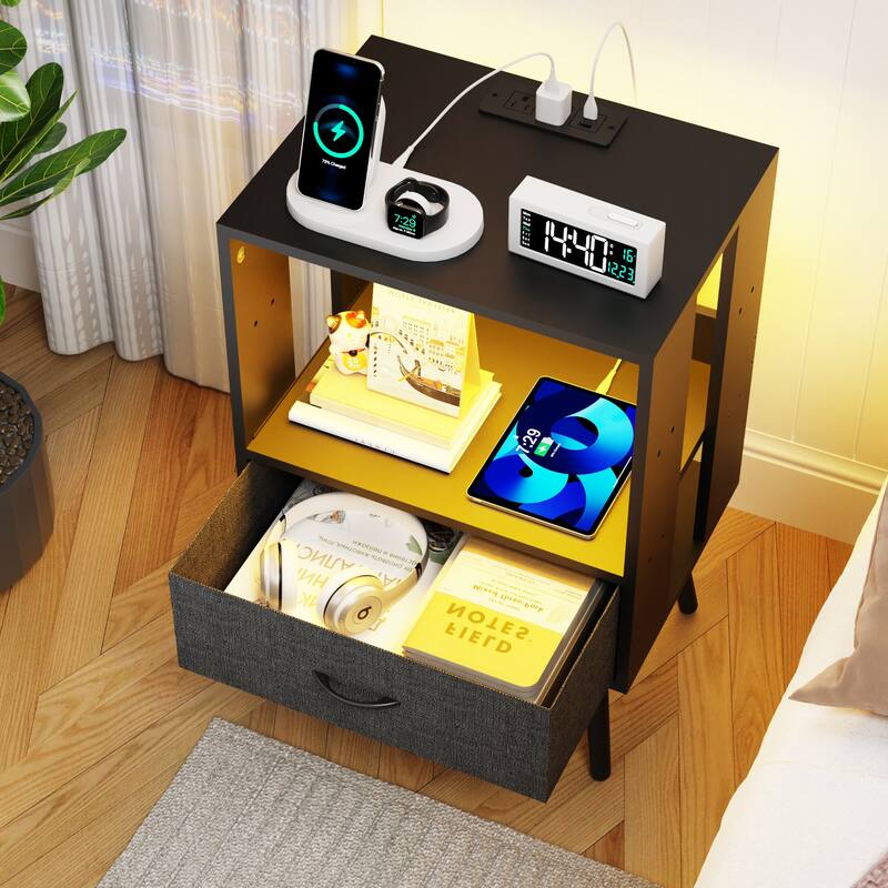 2 Pack Modern LED Nightstand with Charging Station and Fabric Drawers