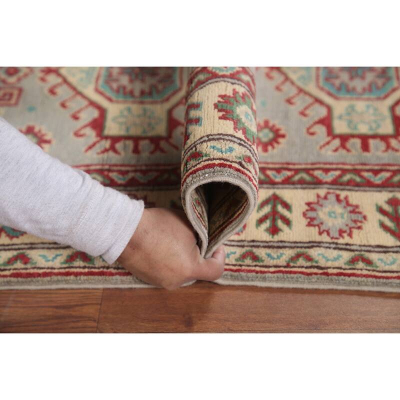 Hand Knotted Oriental 100% Wool Carpet Traditional Geometric Greys & Charcoal Kazak Area Rug - 6' 0'' X 2' 9''