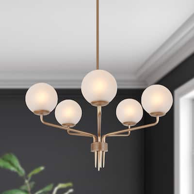 Modern Glam 5-Light Gold Wagon Wheel Chandelier Frosted Glass Pendant Lights for Dining Room - 24" D x 20.5" H