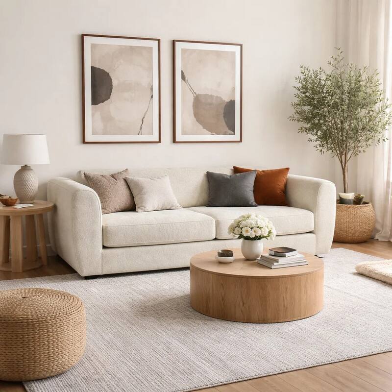 Dly Sofa, Off White Boucle Seat, Welt Trim, 87 Inch Tuxedo Style