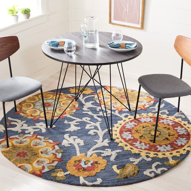 SAFAVIEH Handmade Blossom Nelia Modern Floral Wool Rug - 6' x 6' Round - Navy/Multi