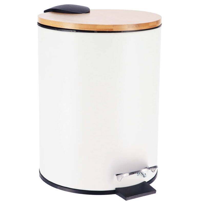 Stylish Trash Can with Bamboo Lid and Pedal, 2.5L Capacity - 9.2" H x 8" L x 8" W - White