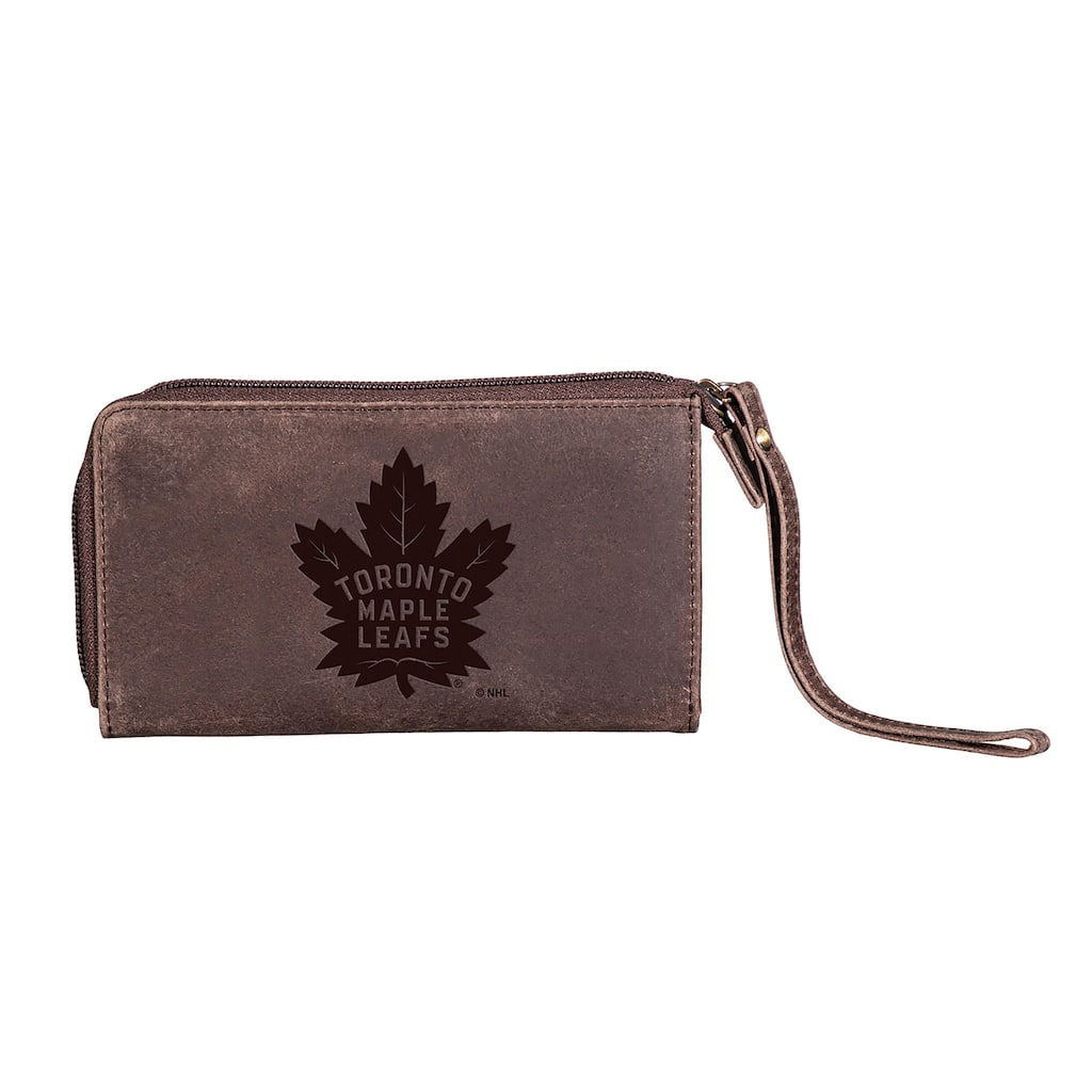 Brown Leather Cell Phone Wristlet Wallet, Toronto Maple Leafs - 4" x 7"