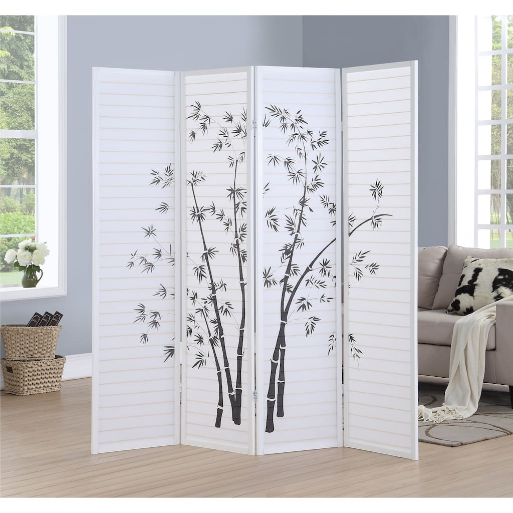 Bamboo Print 4-Panel Framed Room Screen/Divider, Screen Wall Divider for Room Separation Freestanding Partition Separators,White