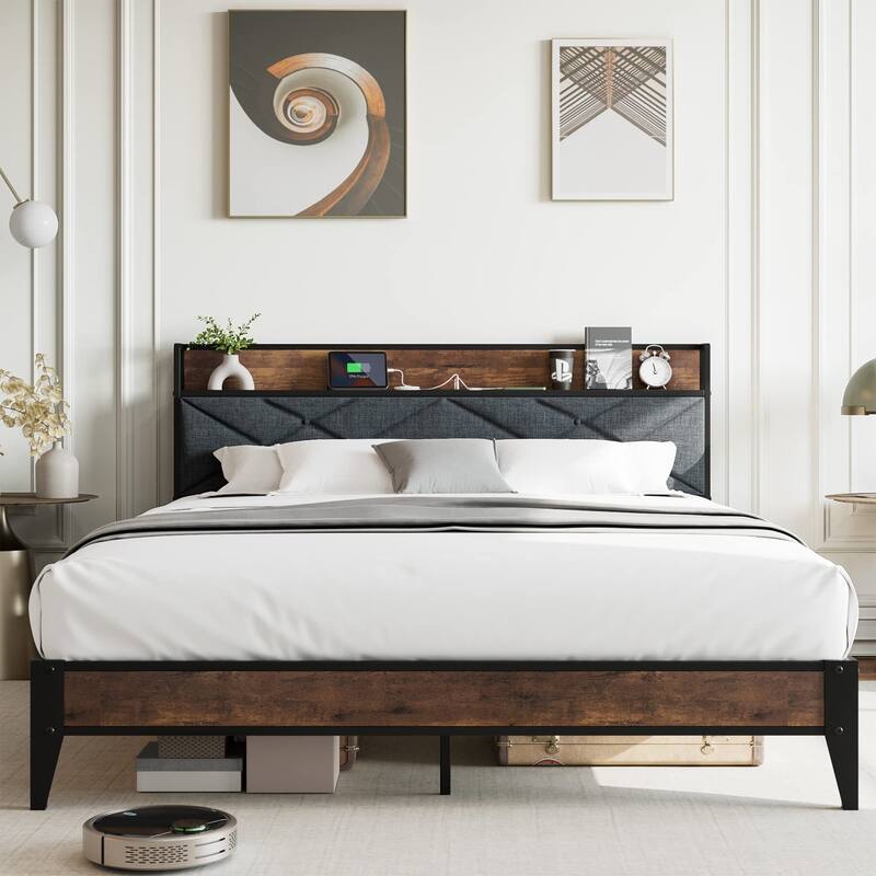 Upholstered Headboard with Charging Station and Storage Shelf