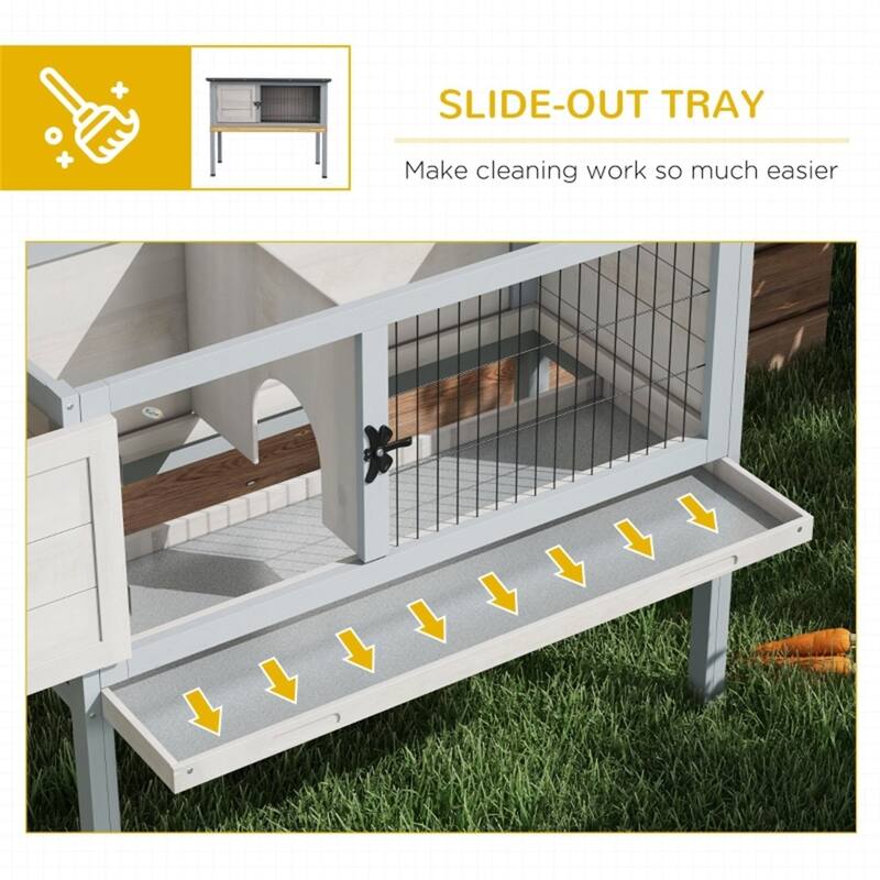 Gray and Black Fir Wood Bunny Hutch with Raised Design Sliding Tray and Predator Protection for Small Pets