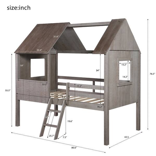 Twin Size Low Loft Wood House Bed with Two Side Windows - Bed Bath ...