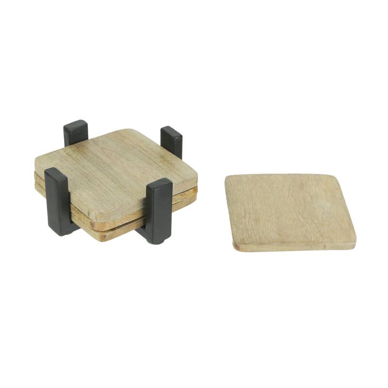 Square Wood Coasters Metal Holder Table Drink Accessory (Set Of 4) - 2.25 X 5 X 5 inches