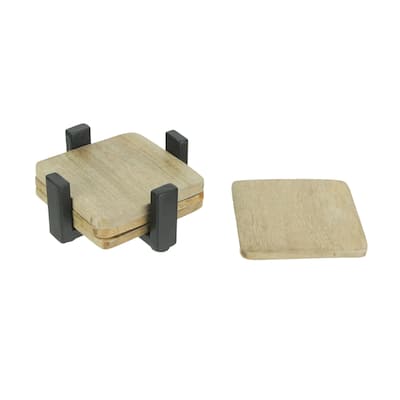 Square Wood Coasters Metal Holder Table Drink Accessory (Set Of 4) - 2.25 X 5 X 5 inches