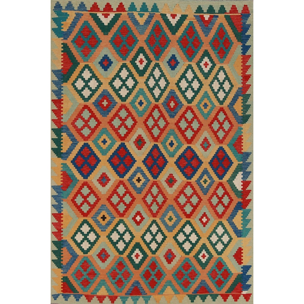 Hand Woven Oriental 100% Wool Carpet Southwestern Geometric Multi-Colored Kilim Area Rug - 8' 3'' X 5' 7''