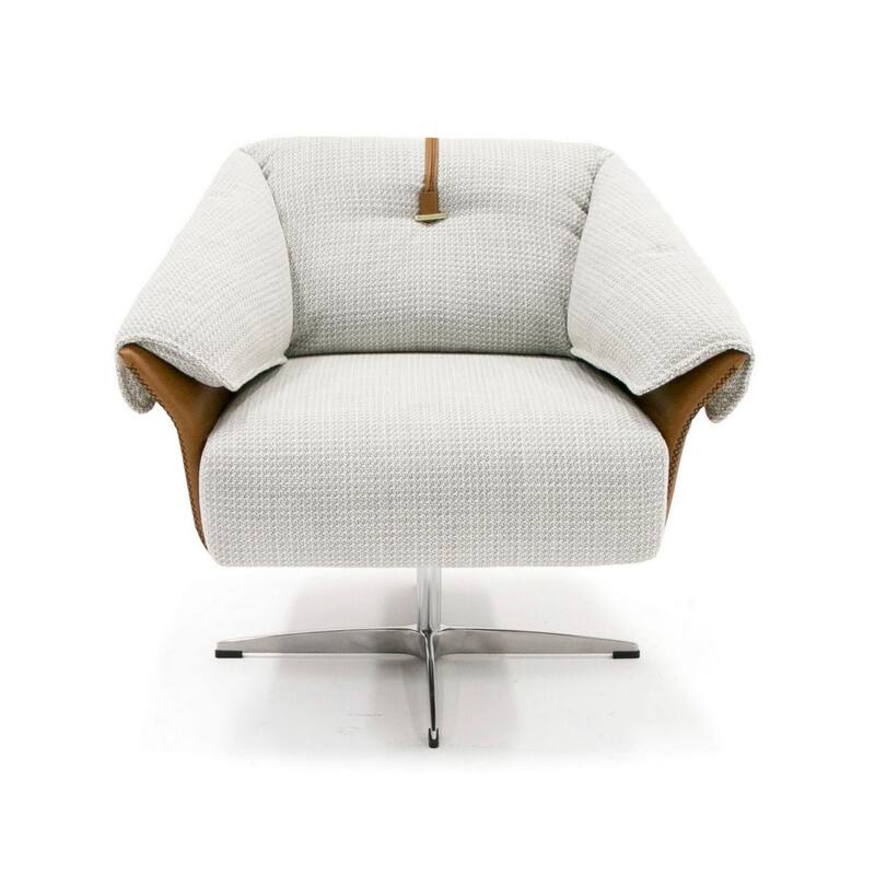 31 Inch Swivel Accent Chair, Padded Cushions, Faux Leather, Gray, Caramel