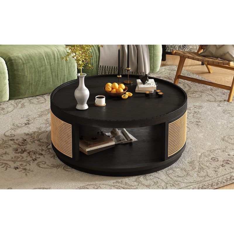36.8" Wooden Mid-Century Modern Coffee Table with Storage, Round Cane Coffee Table with PE Rattan Side for Living Room
