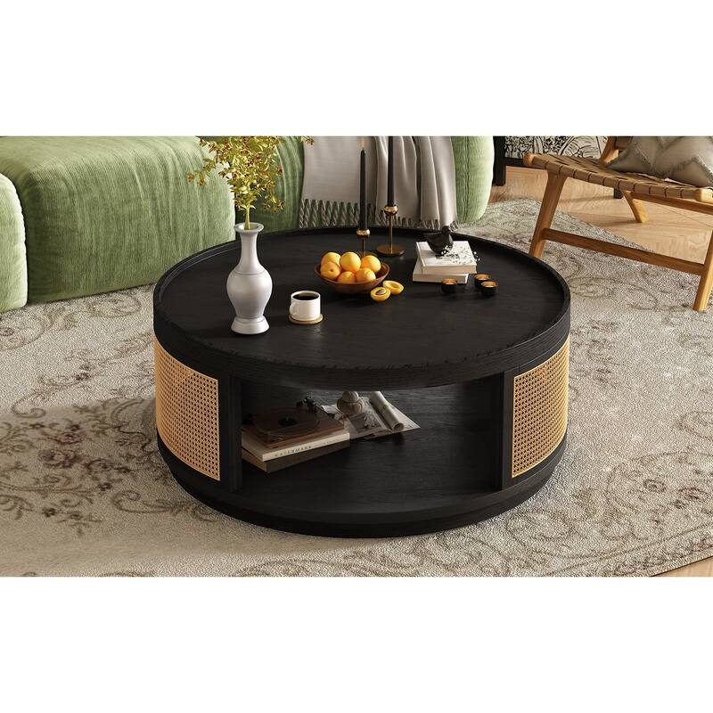 36.8'' Wooden Mid-Century Modern Coffee Table, Round Cane Center Table Cocktail Table with PE Rattan Side for Living Room