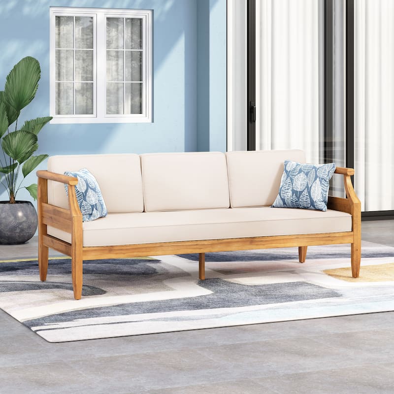 Aston Outdoor Acacia Wood 3 Seater Sofa by Christopher Knight Home - Cream