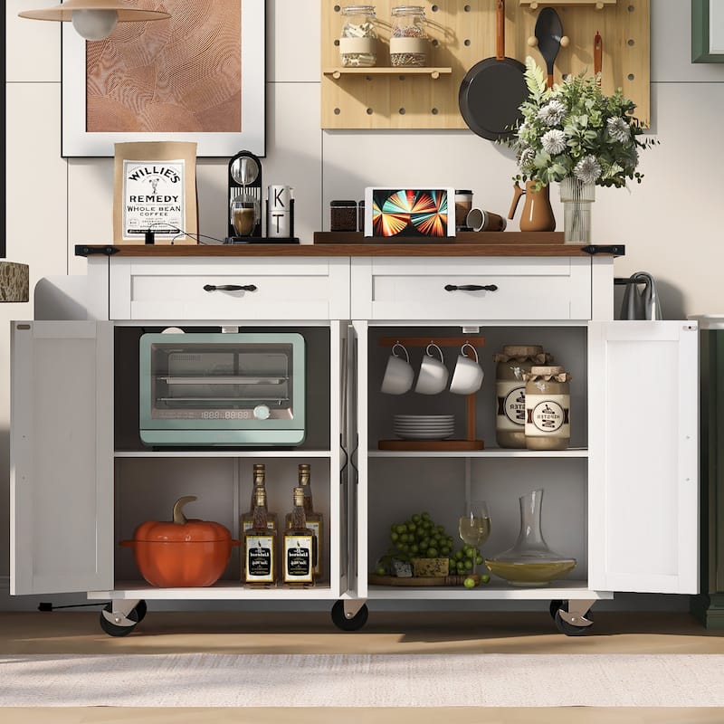 Roomfitters 53.5'' Farmhouse Kitchen Island with Power Outlet, Drop Leaf, Spice Rack, Drawer, Rolling Cart