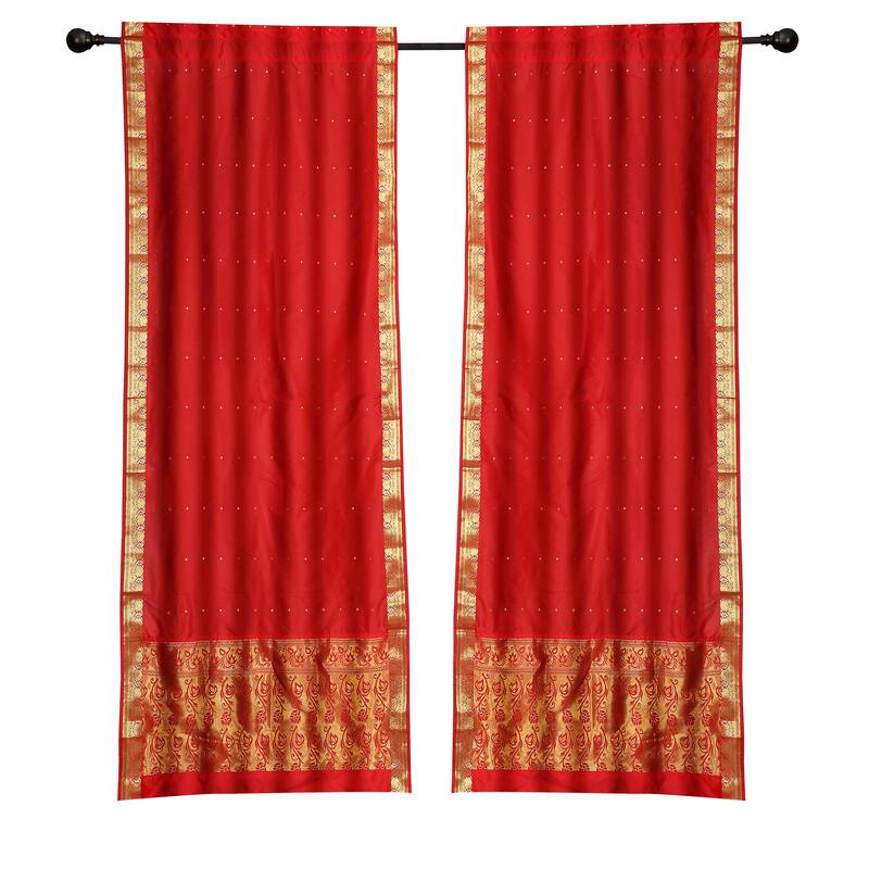 2 Boho Red Indian Sari Curtains Rod Pocket Window Panels Drapes - 43" W X 36" L  (Lined) - 36 Inches