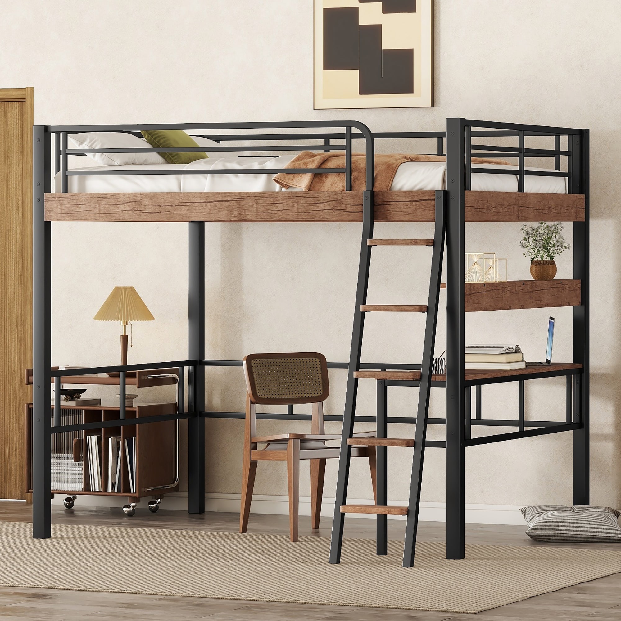 Sturdy Metal Full Size Loft Bed with Built in Desk Storage Shelf and Ladder Black Bed Bath Beyond 39177139