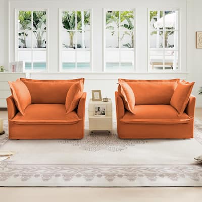 Set of 2 Chenille Slipcovered Accent Armchairs with Large Soft Pillows