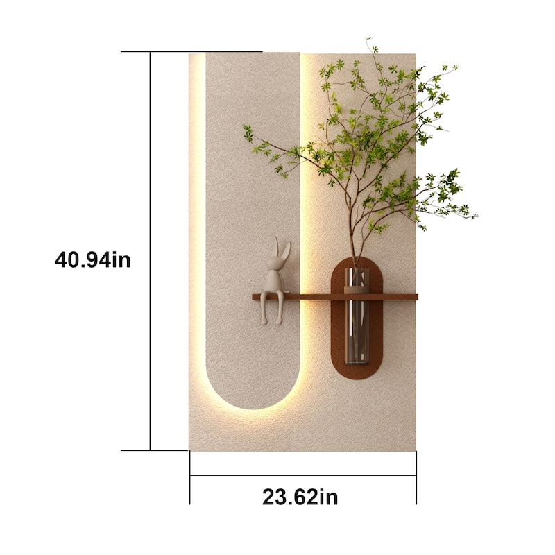 Adjustable 3-Color LED Sandstone Wall Decor with Simulated Plants -3D Art Sculpture,Glass Vase & Rabbit Statue,Remote Control