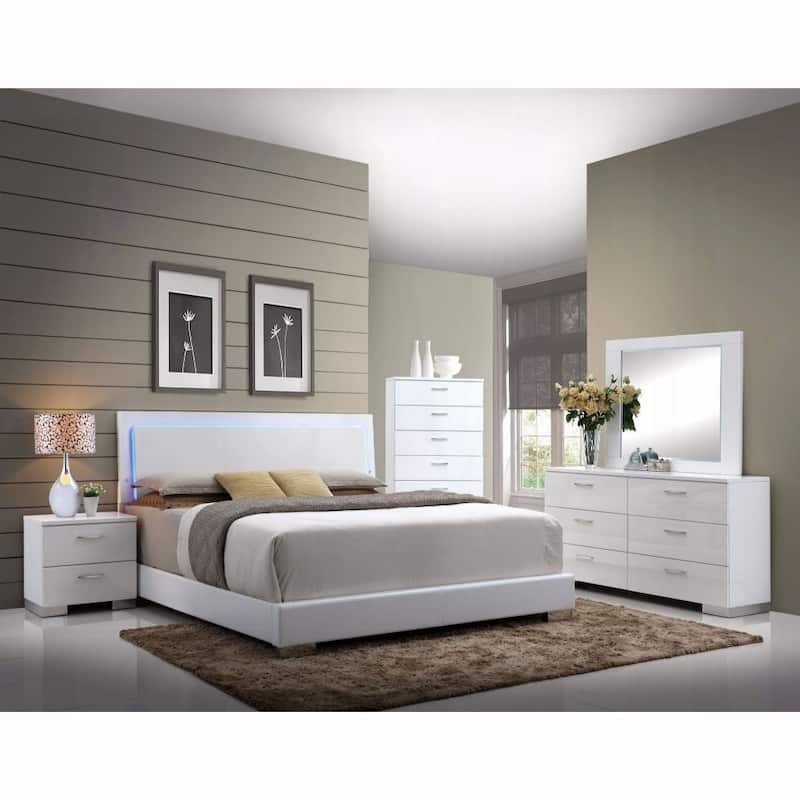 White Queen Bed with LED Light Headboard - Adjustable Illumination, Sturdy Wooden Slats - White