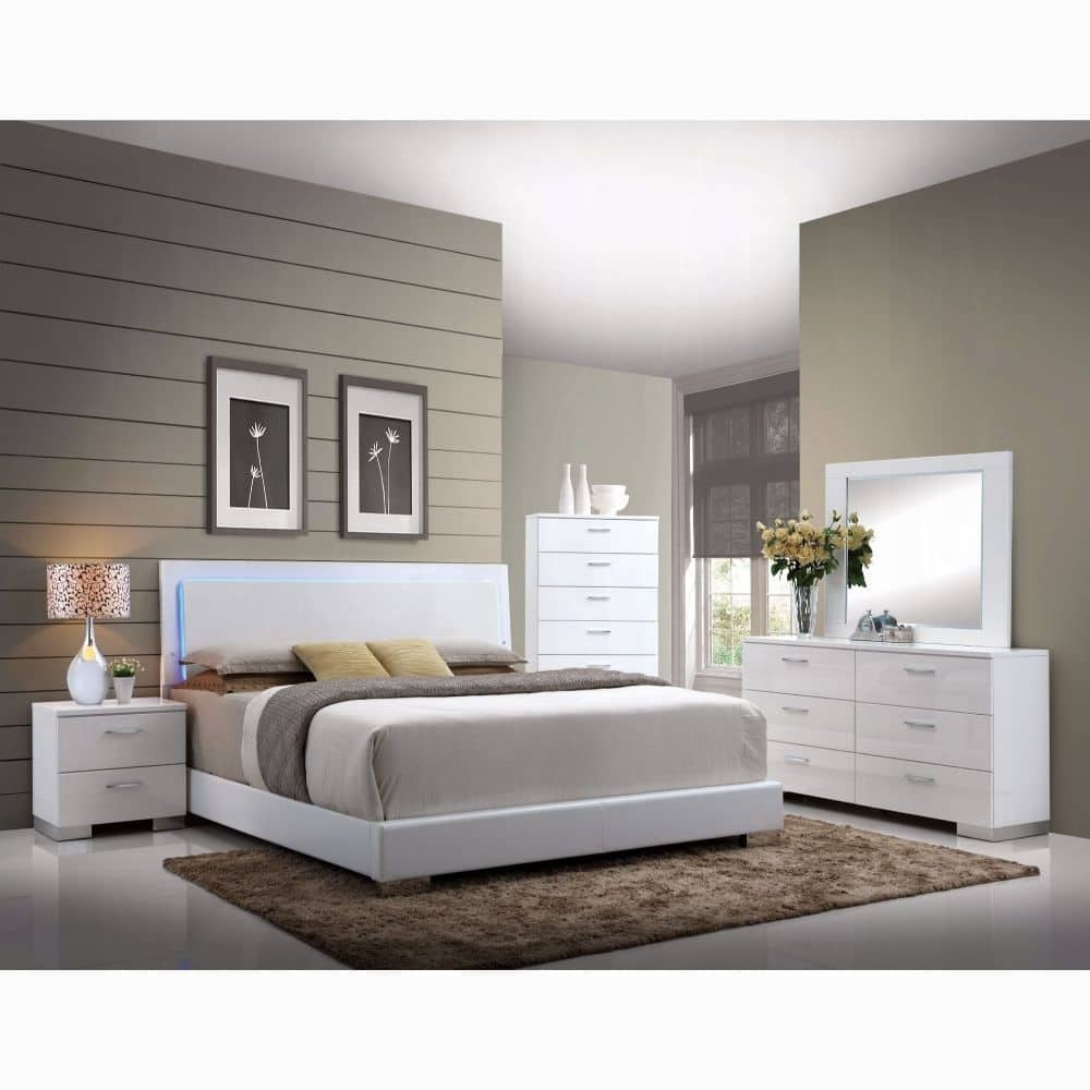 White Queen Bed with LED Light Headboard - Adjustable Illumination, Sturdy Wooden Slats