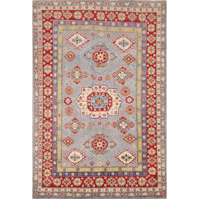 Gray Geometric Kazak Oriental Area Rug Hand-Knotted Wool Carpet - 4'11" x 6'10"