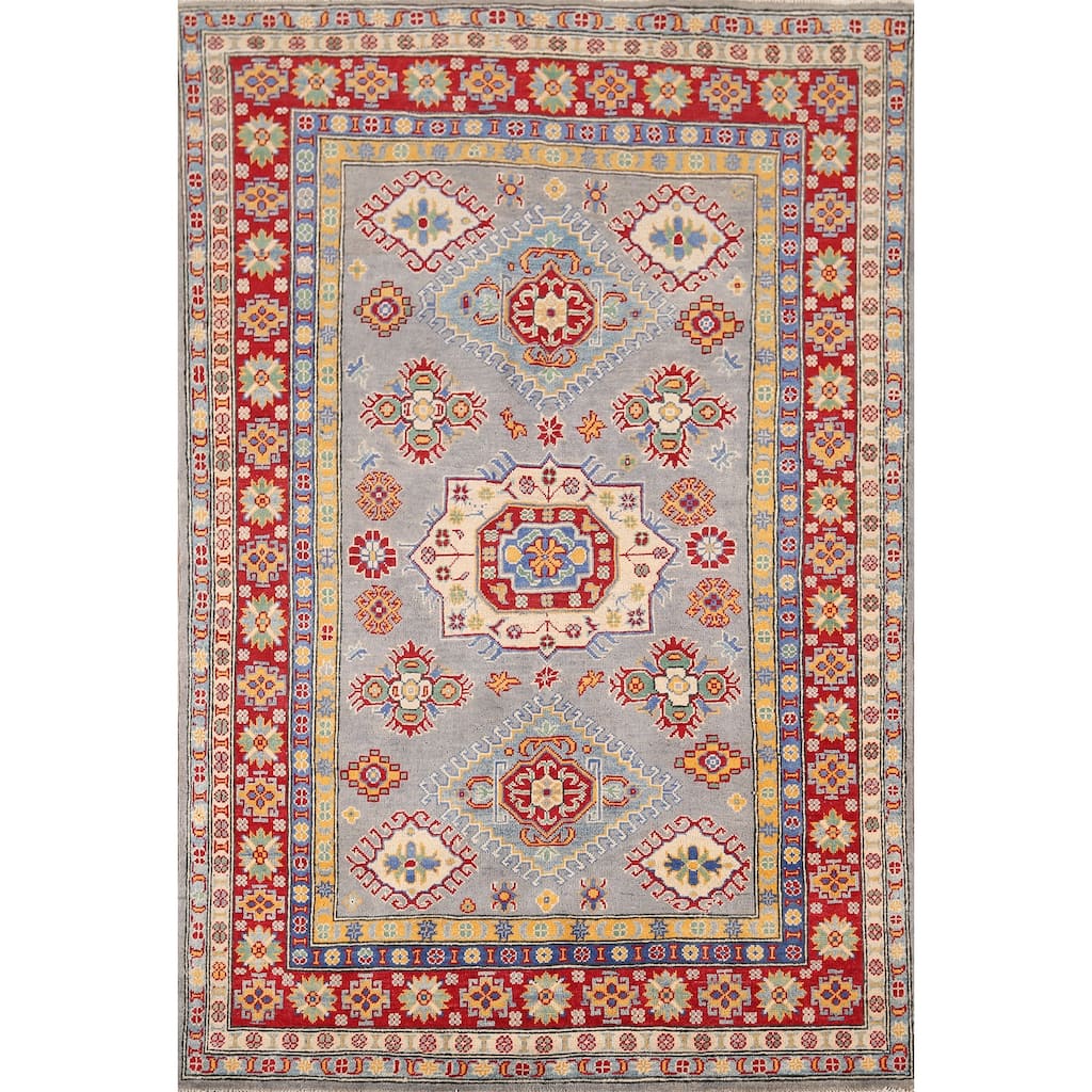 Gray Geometric Kazak Oriental Area Rug Hand-Knotted Wool Carpet - 4'11" x 6'10"