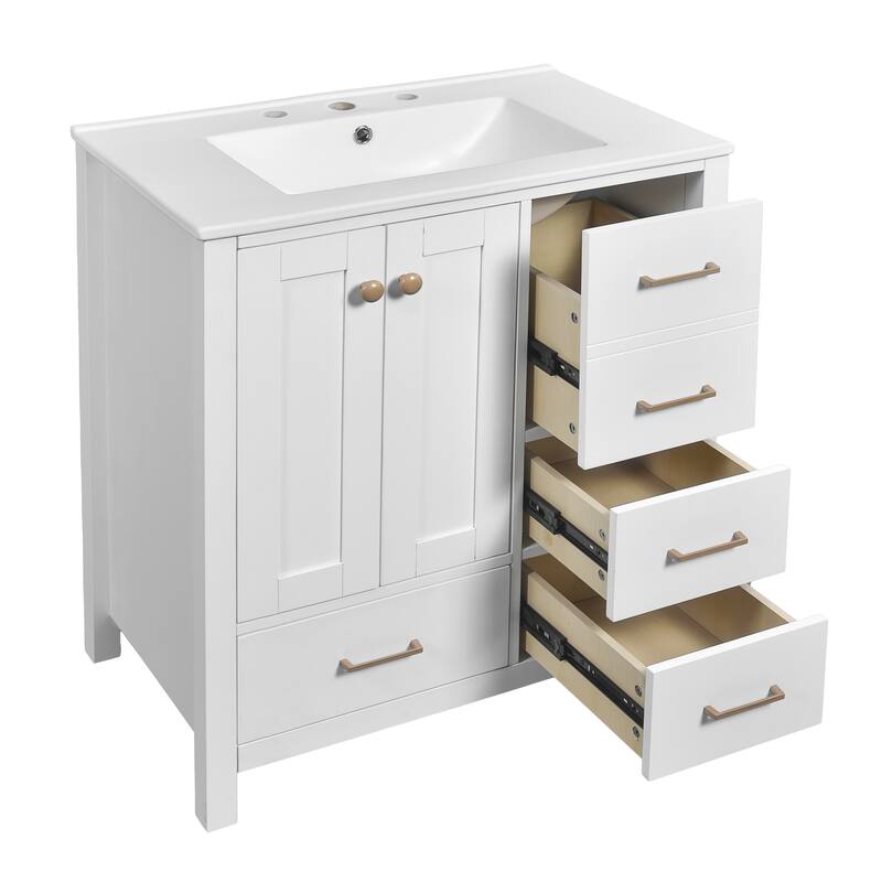 Roomfitters 30" Vanity with Ceramic Sink, Freestanding Cabinet with 4 Drawers and Soft Closing Doors, White