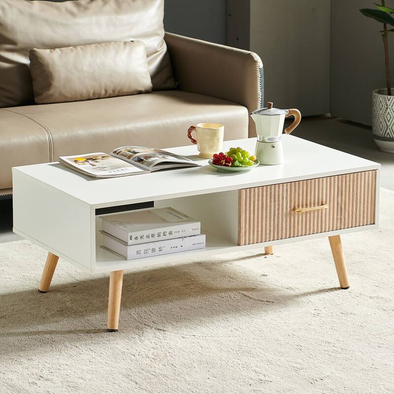 Rectangle Coffee Table with Solid Wood Legs, Sliding Drawer for Storage, Modern Table for Living Room - White2
