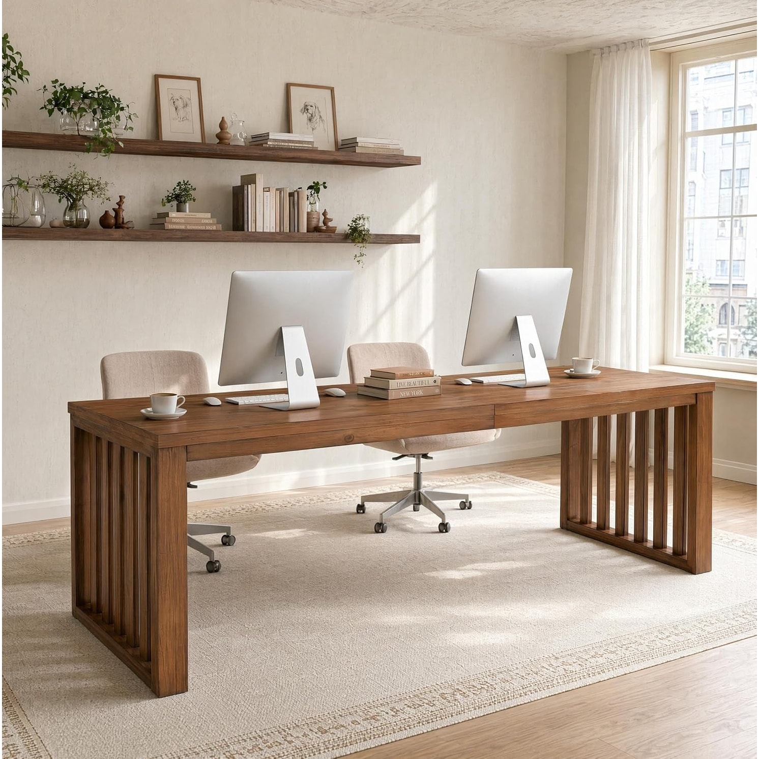 78.7-Inch Long Two Person Desk, Farmhouse Solid Wood Office Desk