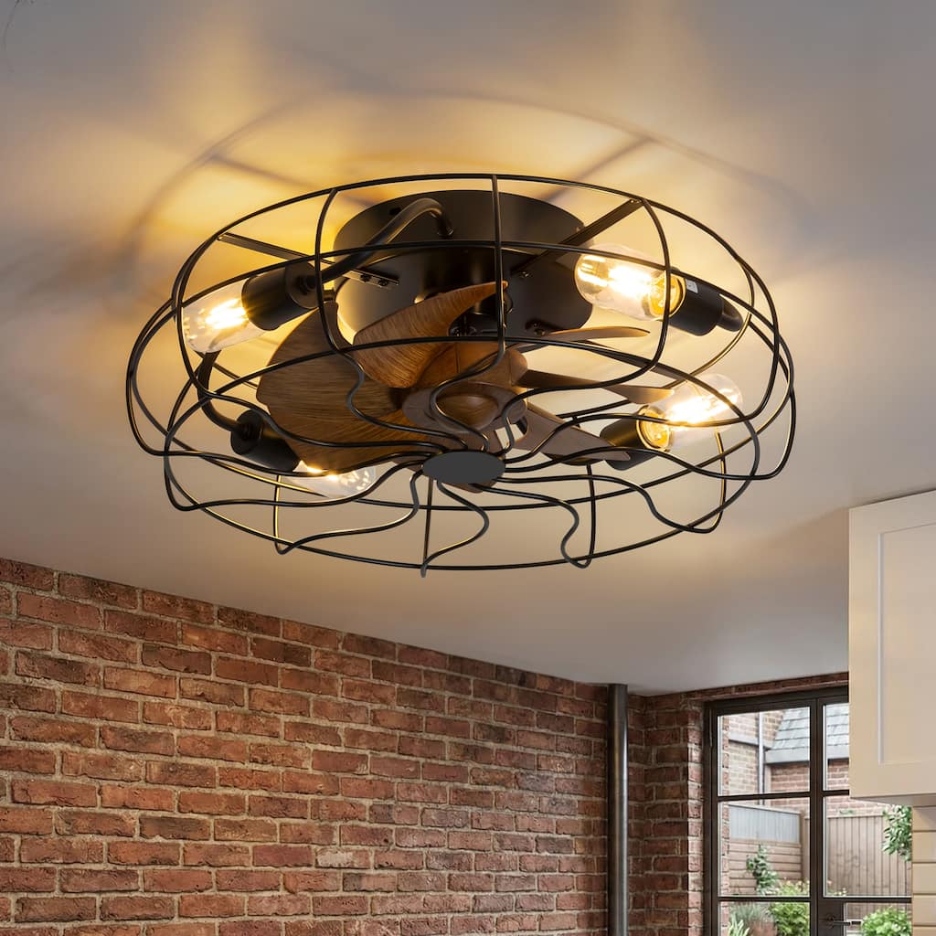19-Inch Indoor Metal Cage Ceiling Fan with Light Kit and Remote